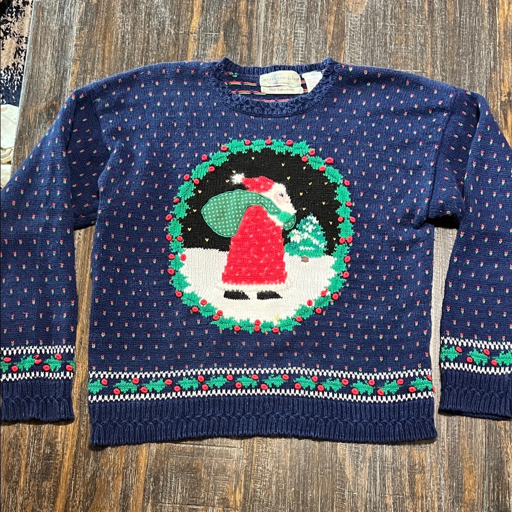 Vintage Holiday Sweater with Santa Design Hand Embroidered - Northern Isles